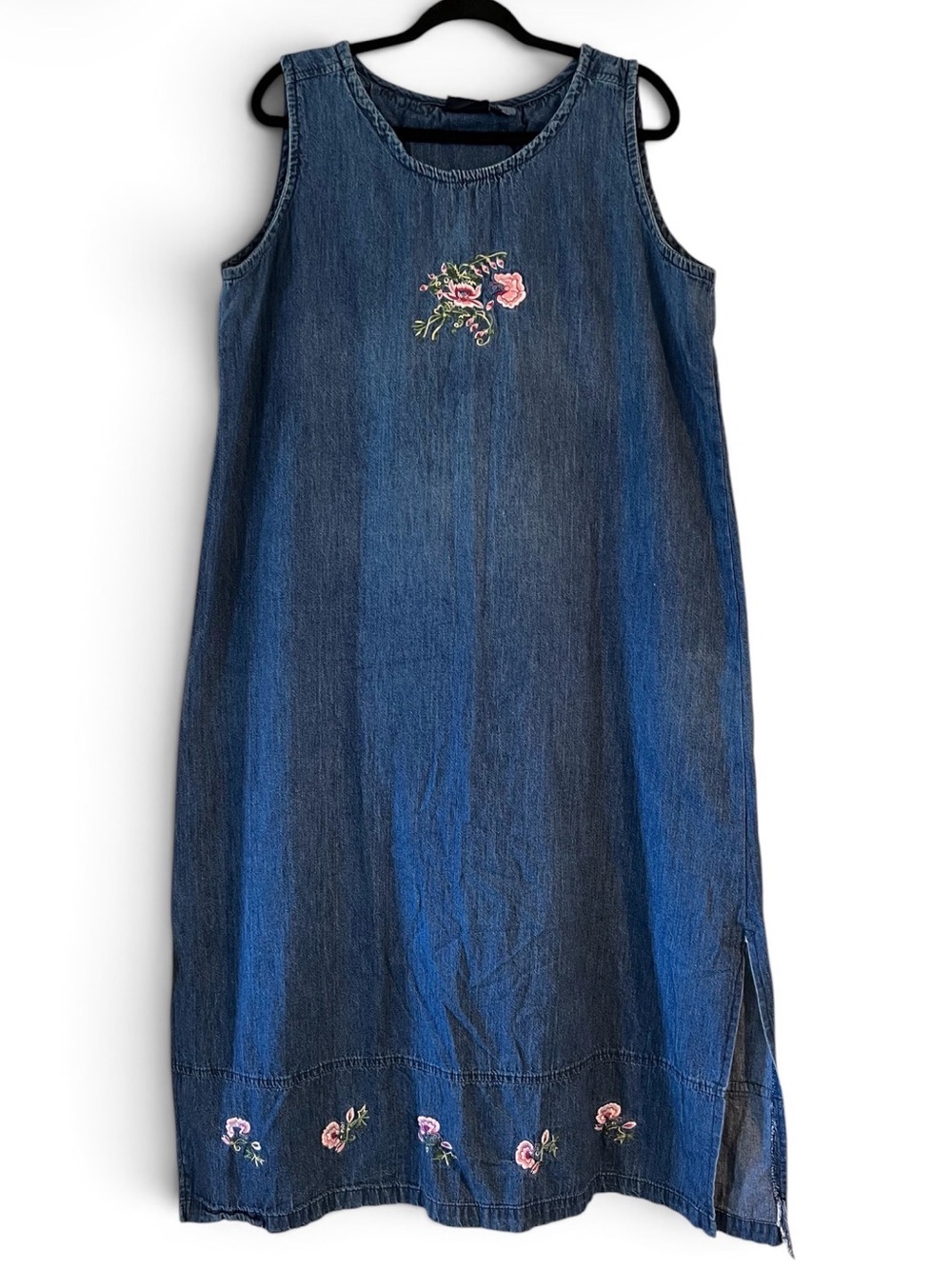 Jane Ashley Blue Denim Sleeveless Dress with Pink Floral Embroidery